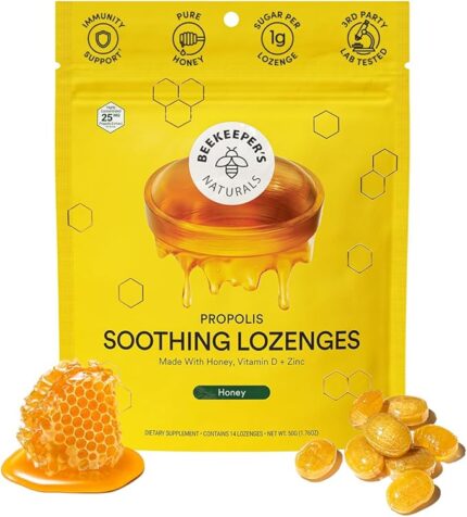 Soothing Honey Cough Drops - Immune Support with Vitamin D, Zinc and Propolis - by Beekeeper's Naturals - Throat Soothing Lozenges, 14 Ct